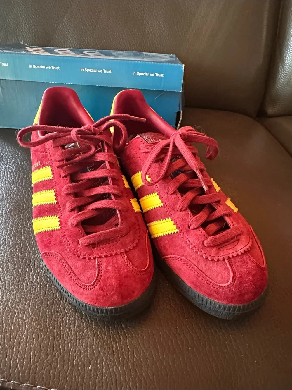 adidas Men’s Warszawa Suede Sneakers in Burgundy with Yellow Stripes